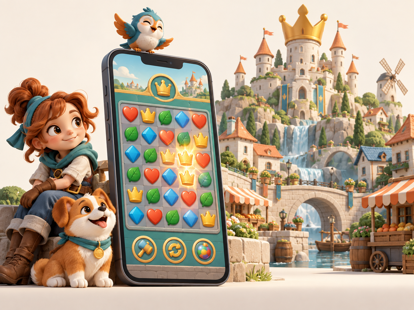 Stylised mobile puzzle game with a crown castle, playful characters and gameplay shown on a phone