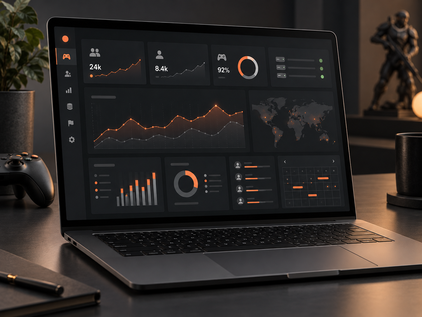 Laptop displaying a dark game operations dashboard with charts and player metrics